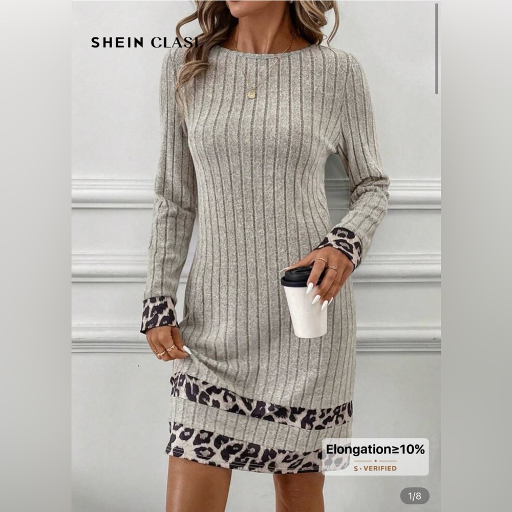 SHEIN Gray Ribbed Dress with Leopard Details